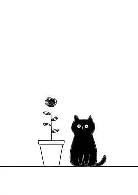 Black Cat and Potted Flower