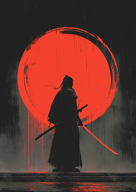 Samurai with Blood Moon