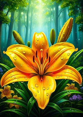 Yellow Lily with Water Droplets
