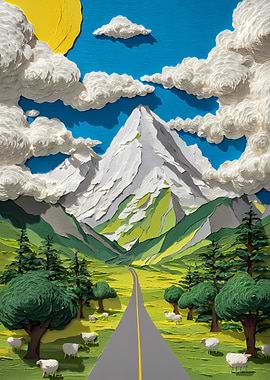 Papercraft Mountain Landscape with Sheep