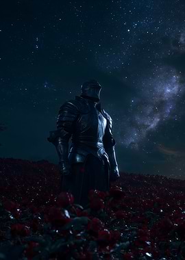 Knight in a Rose Field Under the Stars