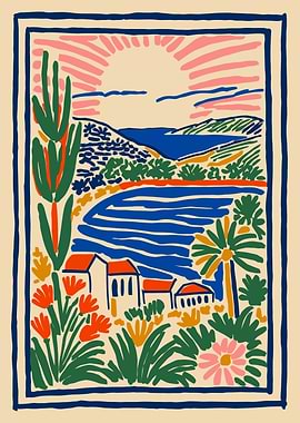 Vibrant Coastal Landscape with Houses and Sun