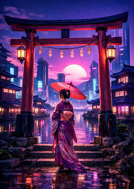 Woman in Kimono at Torii Gate