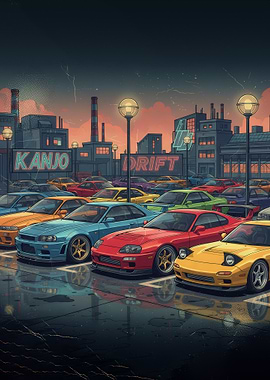 JDM Cars in a Neon Cityscape