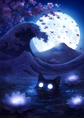 Black Cat in Moonlit Lotus Pond