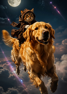Cat Knight Riding a Dog Through the Night Sky