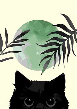 Black Cat with Moon and Leaves