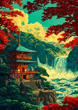 Japanese Pagoda Mountain Waterfall Illustration