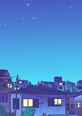 Nighttime Cityscape with Stars