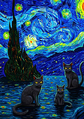 Three Black Cats in Starry Night