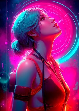 Cyberpunk Woman Looking Up