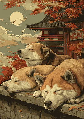 Three dogs sleeping near a pagoda Japan