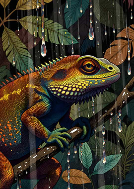 Vibrant Chameleon in Rainy Jungle