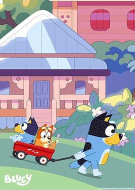 Bluey characters pulling a wagon
