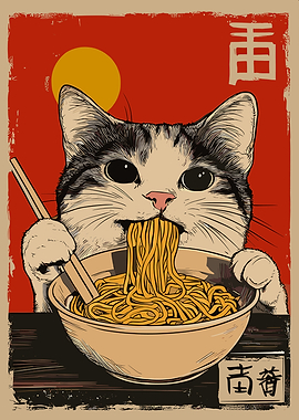 Cat Eating Noodles with Chopsticks