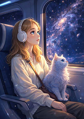 Girl with Cat on a Space Train