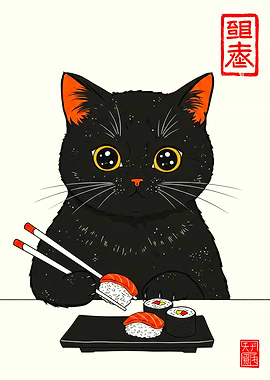 Cute Black Cat Eating Sushi