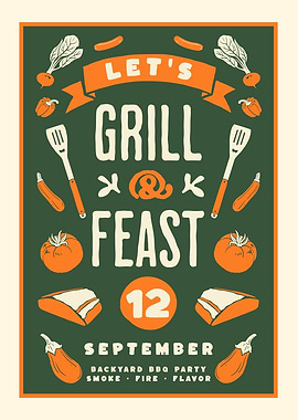 Grill and Feast BBQ Poster, Vintage BBQ Wall Art, Backyard Cookout Decor, Retro Barbecue Print