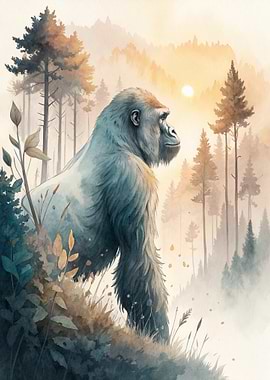 Gorilla in a Misty Forest at Sunrise