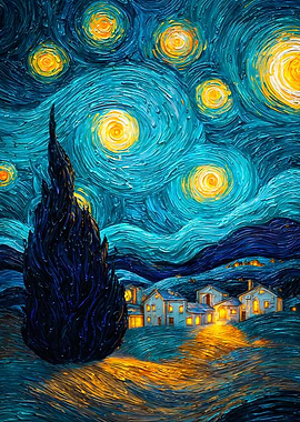 Starry Night Impasto Village Painting