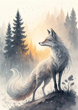 White Fox in Misty Forest