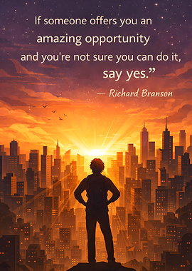 Inspirational quote over cityscape at sunset