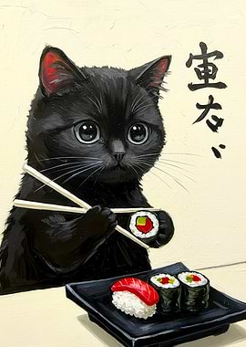 Black Cat Eating Sushi