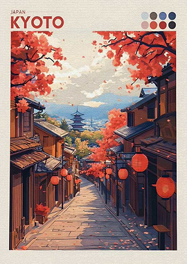 Kyoto Street Scene with Autumn Leaves