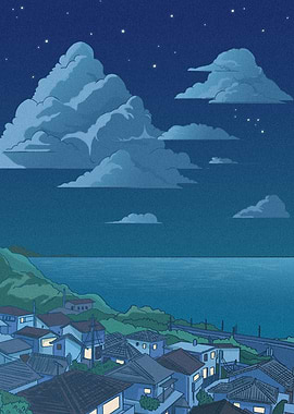 Nighttime Coastal Town with Starry Sky