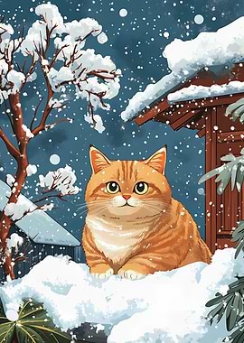 Cute Orange Cat in Snow