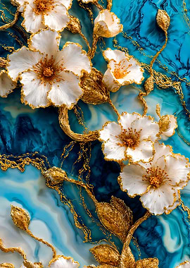 Gold White Flowers Teal Marble