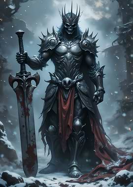 Dark King with Bloody Sword in Snow