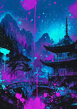 Neon Japanese Pagoda Night Painting