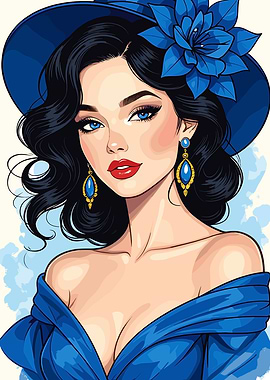 Glamorous Woman in Blue Hat and Dress