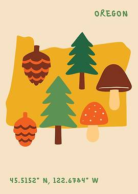 Oregon State Map with Nature Elements