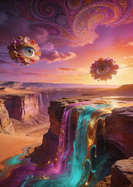 Surreal Desert Waterfall with Eyes