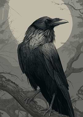 Raven perched on a branch under the moon