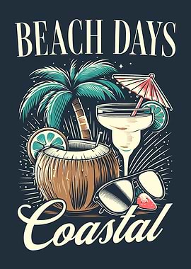 Beach Days Coastal Poster, Vintage Tropical Wall Art, Retro Beach Decor, Palm Tree Coastal Print