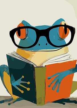 Frog Reading a Book with Glasses
