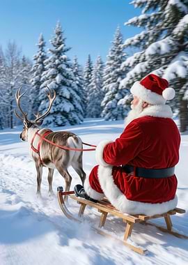 Santa Claus riding a sleigh with a reindeer