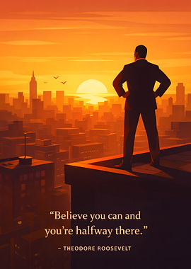 Businessman overlooking city at sunset