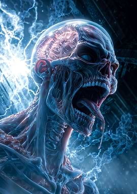 Screaming Cyborg Skull Lightning Portrait