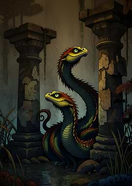 Two Serpent Creatures in Ancient Ruins