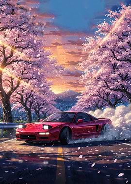 Red Sports Car Drifting Under Cherry Blossoms