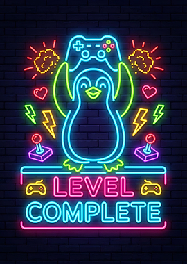Level Complete Neon Penguin Gamer