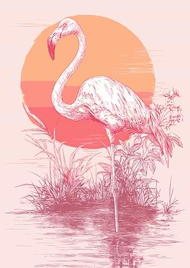 Flamingo in Sunset Water Sketch