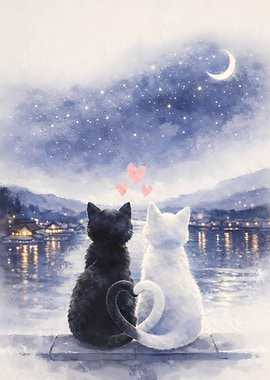 Two cats watching the night sky