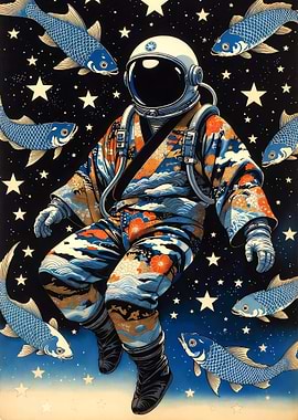 Astronaut in Kimono with Koi Fish in Space