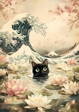Black Cat in a Water Lily Pond