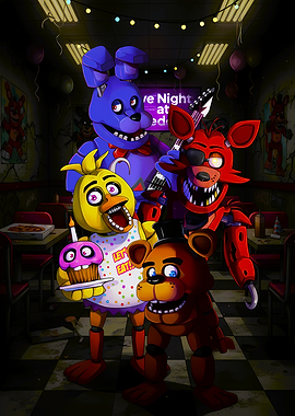 Five Nights at Freddy's characters in a pizzeria